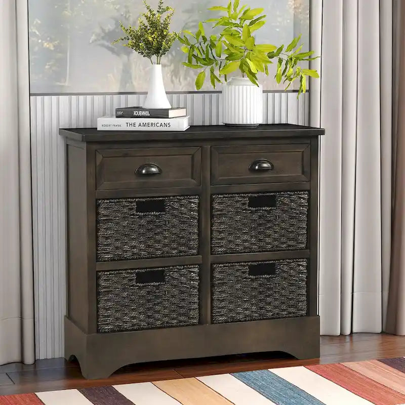 Meuble de rangement en bois massif avec deux tiroirs et quatre paniers en rotin, aucun assemblage requis.