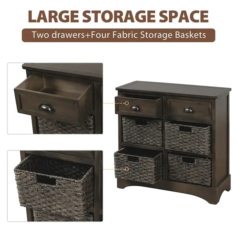 Meuble de rangement en bois massif avec deux tiroirs et quatre paniers en rotin, aucun assemblage requis.
