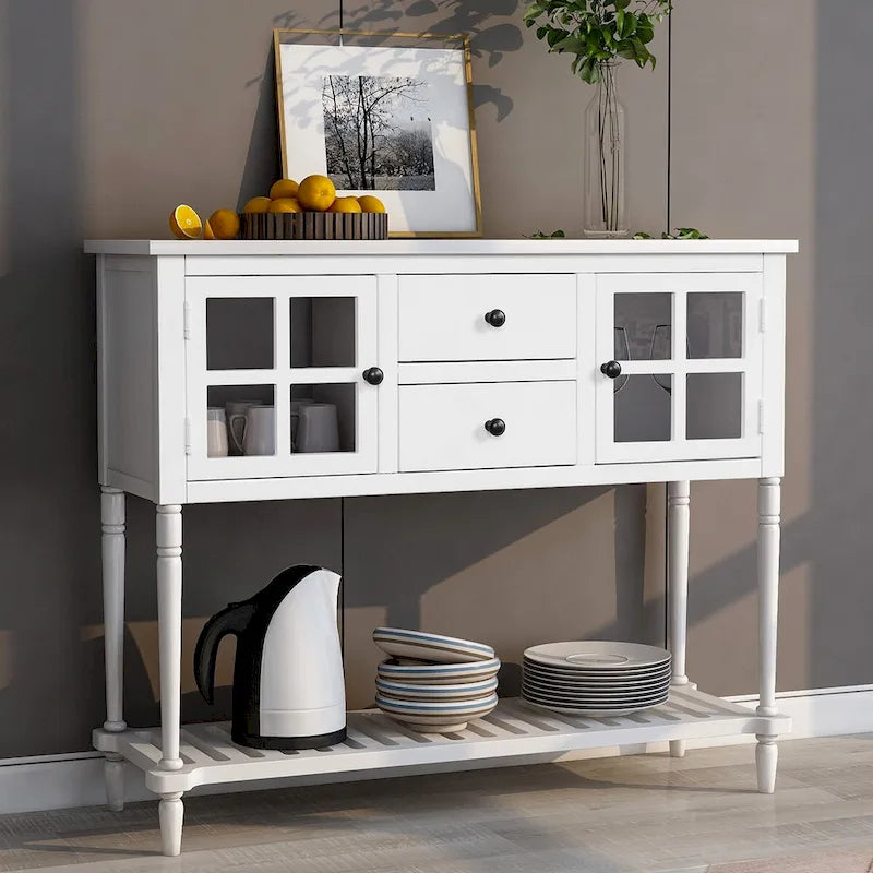 Table console à buffet avec étagère inférieure et armoire de rangement en bois/verre de style ferme - 42L x 14W x 34.2H
