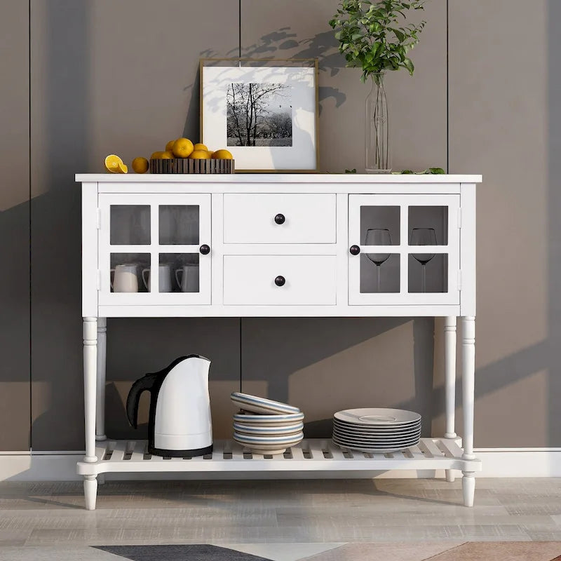 Table console à buffet avec étagère inférieure et armoire de rangement en bois/verre de style ferme - 42L x 14W x 34.2H