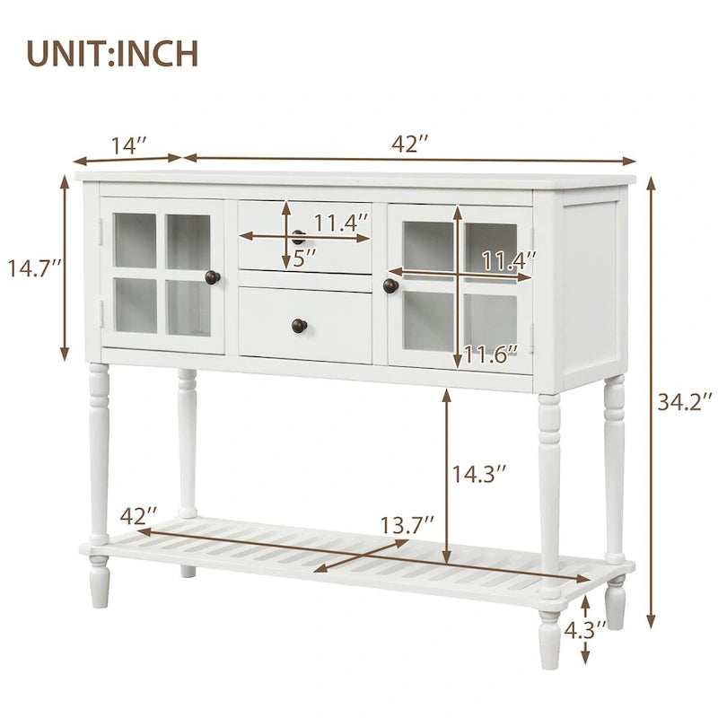 Table console à buffet avec étagère inférieure et armoire de rangement en bois/verre de style ferme - 42L x 14W x 34.2H