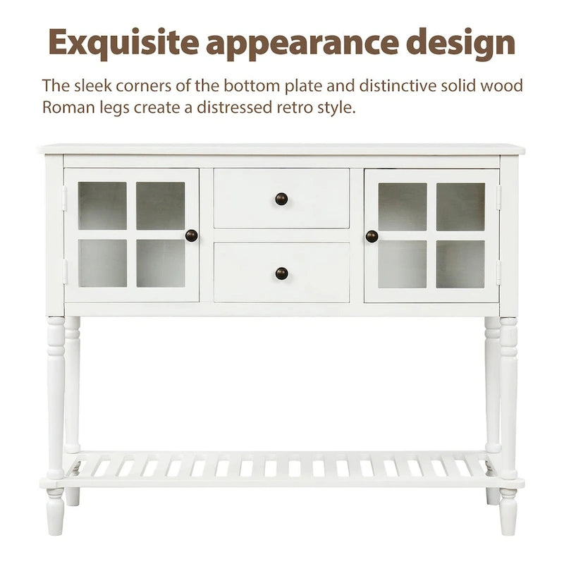 Table console à buffet avec étagère inférieure et armoire de rangement en bois/verre de style ferme - 42L x 14W x 34.2H