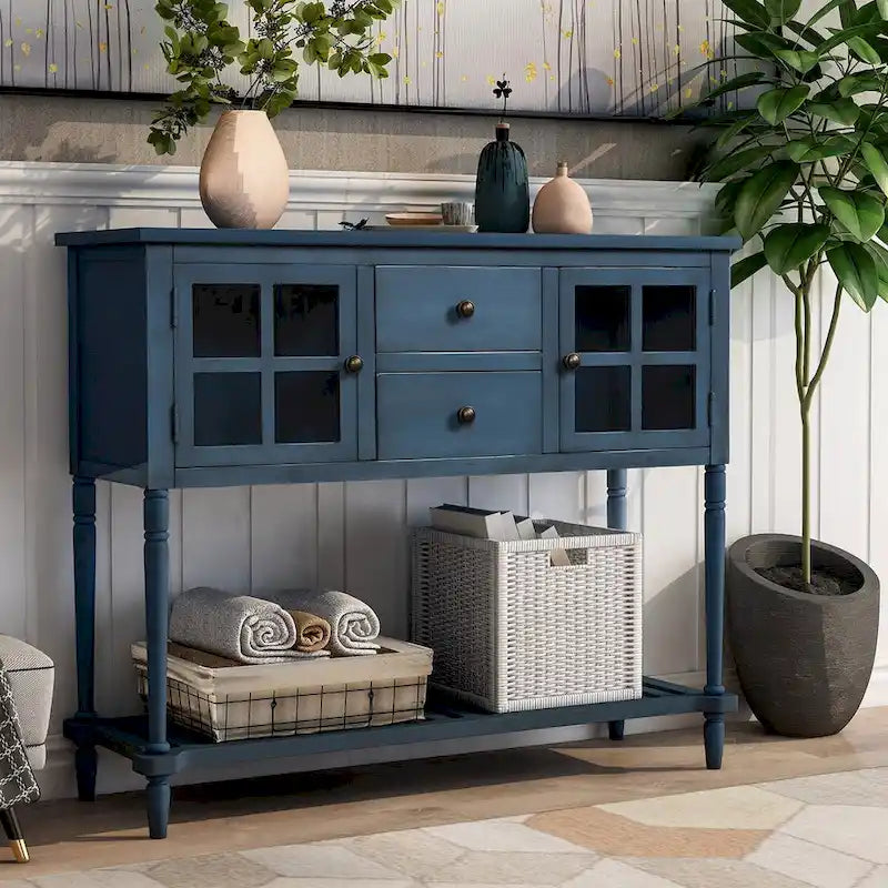 Table console à buffet avec étagère inférieure et armoire de rangement en bois/verre de style ferme - 42L x 14W x 34.2H