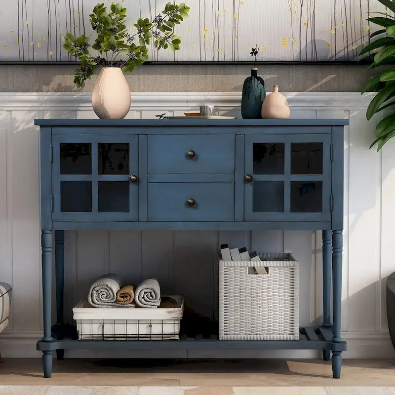Table console à buffet avec étagère inférieure et armoire de rangement en bois/verre de style ferme - 42L x 14W x 34.2H