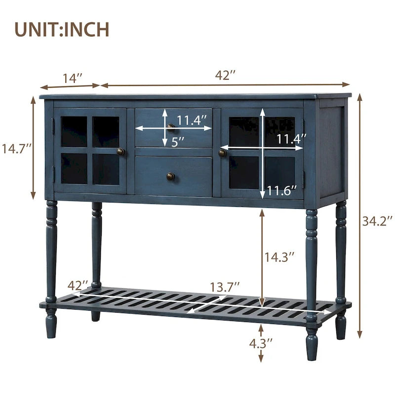 Table console à buffet avec étagère inférieure et armoire de rangement en bois/verre de style ferme - 42L x 14W x 34.2H