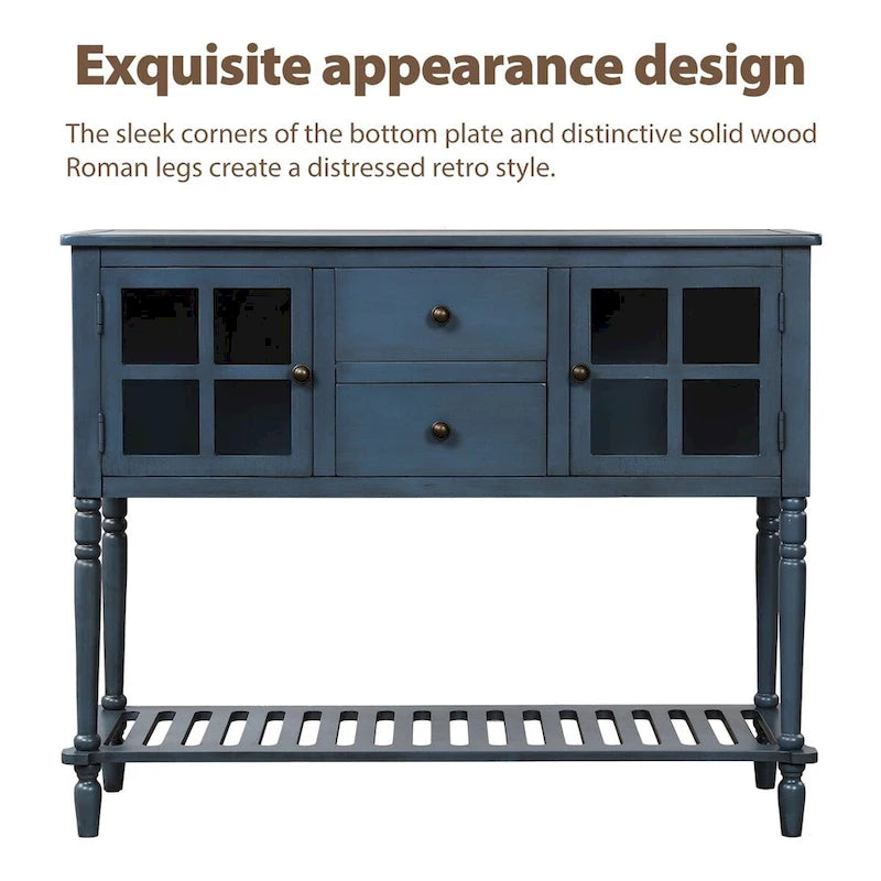 Table console à buffet avec étagère inférieure et armoire de rangement en bois/verre de style ferme - 42L x 14W x 34.2H