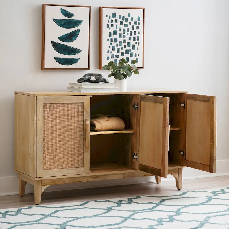 Meuble 3 portes en bois de manguier et cannage naturel