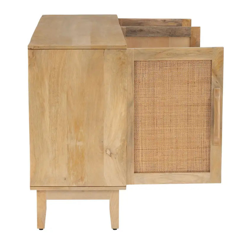 Meuble 3 portes en bois de manguier et cannage naturel