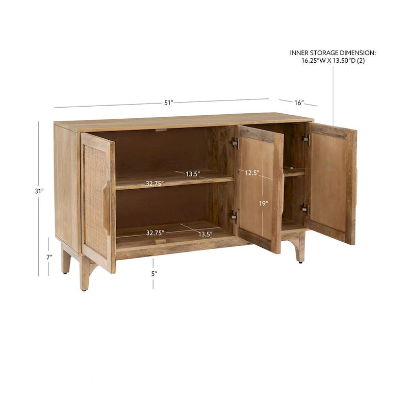 Meuble 3 portes en bois de manguier et cannage naturel