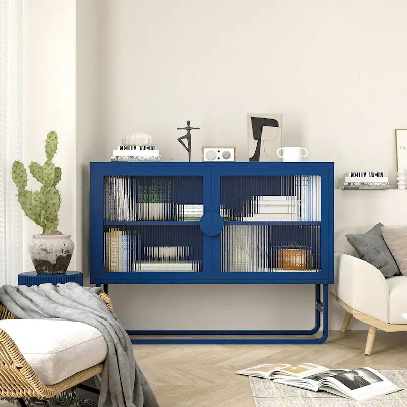 Bahut vitrine en verre trempé avec 2 étagères réglables, pieds en U, anti-basculement, meuble de rangement fermé anti-poussière pour salon
