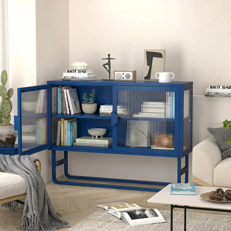 Bahut vitrine en verre trempé avec 2 étagères réglables, pieds en U, anti-basculement, meuble de rangement fermé anti-poussière pour salon