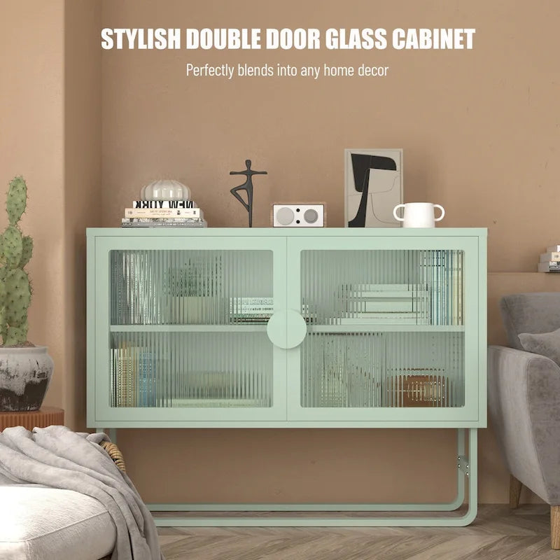 Bahut vitrine en verre trempé avec 2 étagères réglables, pieds en U, anti-basculement, meuble de rangement fermé anti-poussière pour salon