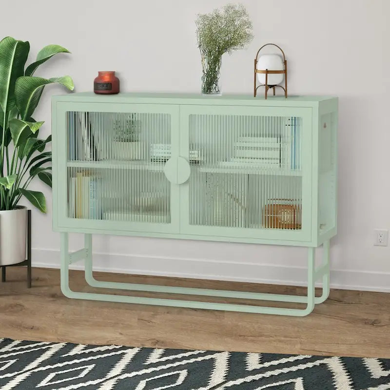 Bahut vitrine en verre trempé avec 2 étagères réglables, pieds en U, anti-basculement, meuble de rangement fermé anti-poussière pour salon
