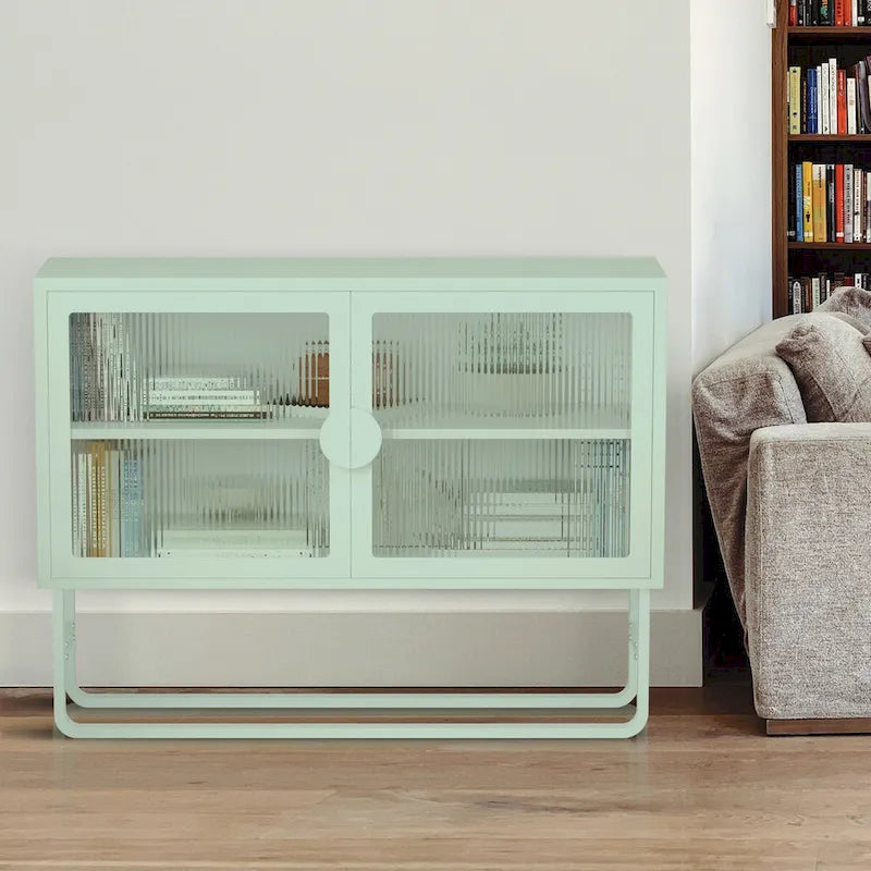 Bahut vitrine en verre trempé avec 2 étagères réglables, pieds en U, anti-basculement, meuble de rangement fermé anti-poussière pour salon