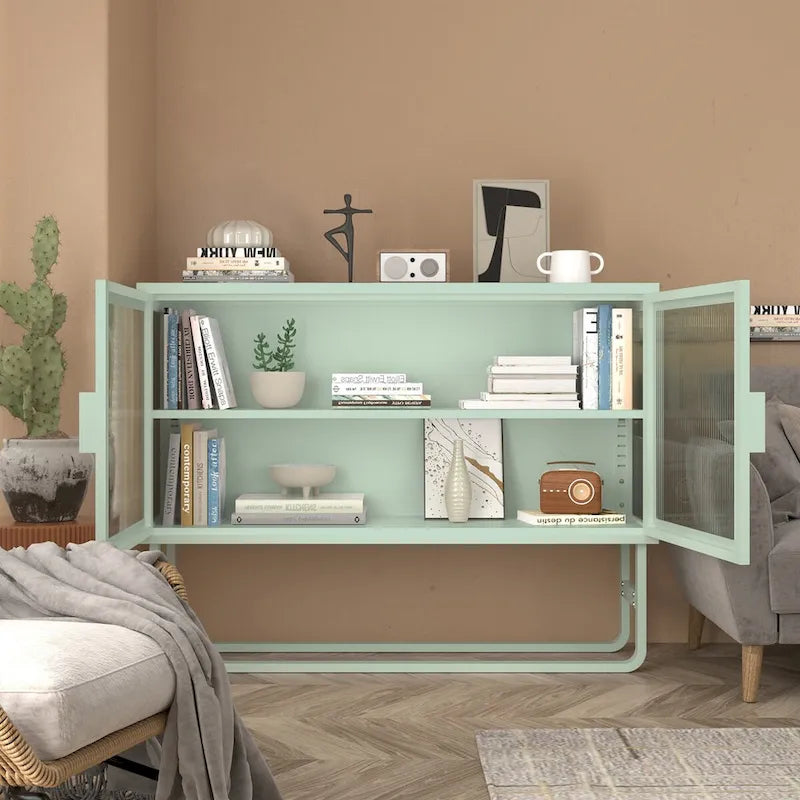 Bahut vitrine en verre trempé avec 2 étagères réglables, pieds en U, anti-basculement, meuble de rangement fermé anti-poussière pour salon