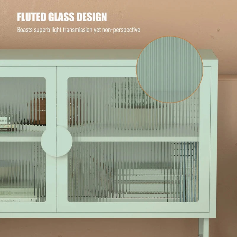 Bahut vitrine en verre trempé avec 2 étagères réglables, pieds en U, anti-basculement, meuble de rangement fermé anti-poussière pour salon