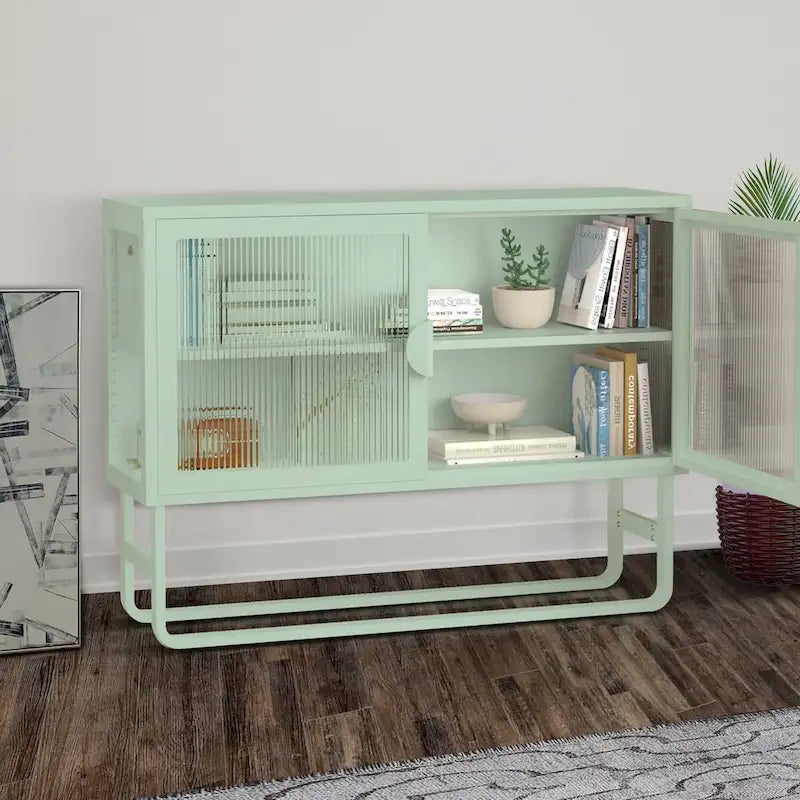 Bahut vitrine en verre trempé avec 2 étagères réglables, pieds en U, anti-basculement, meuble de rangement fermé anti-poussière pour salon