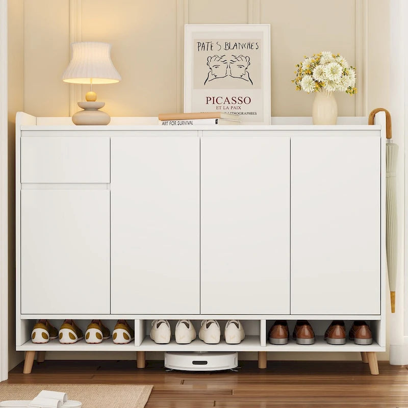 Meuble à chaussures avec étagères réglables, Organisateur de maison minimaliste avec pieds en bois massif, Buffet de rangement
