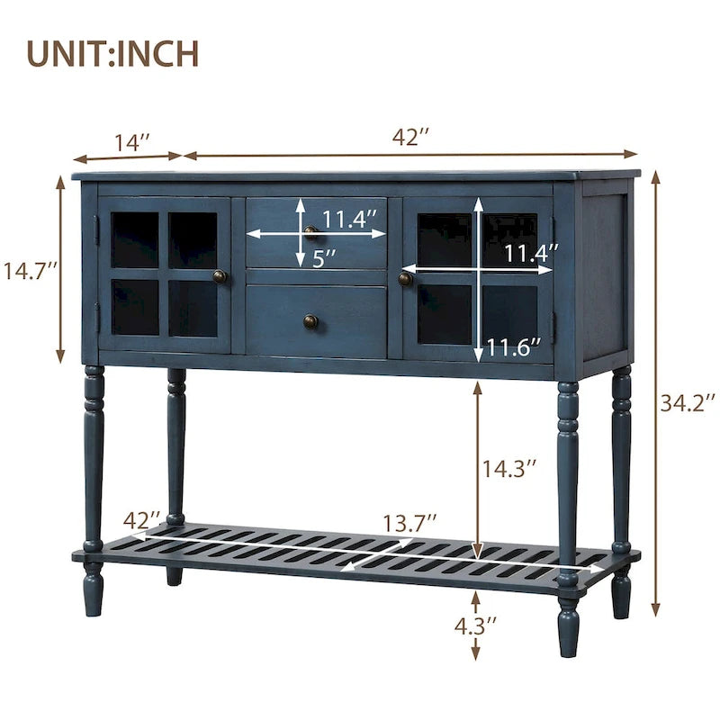 Table console de buffet avec étagère inférieure, meuble de rangement de salon en bois/verre style ferme