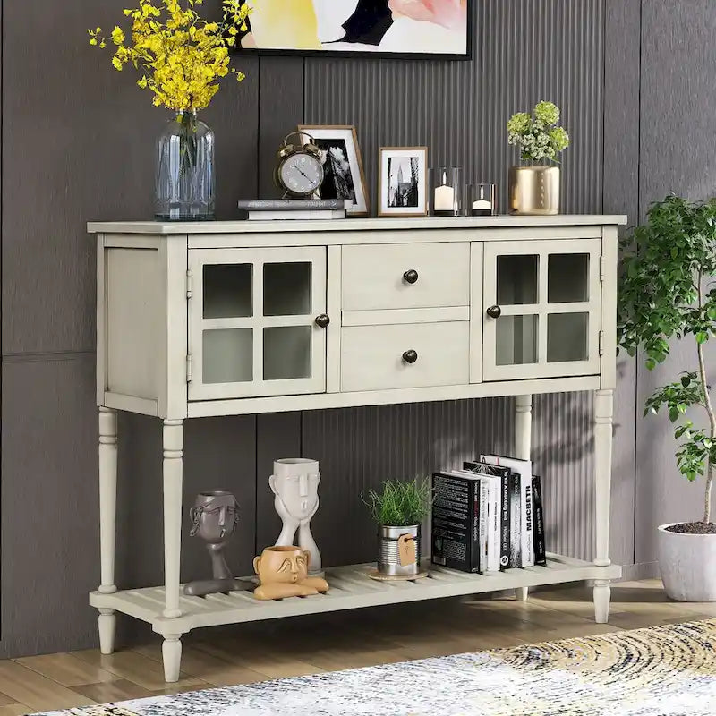 Table console de buffet avec étagère inférieure, meuble de rangement de salon en bois/verre style ferme