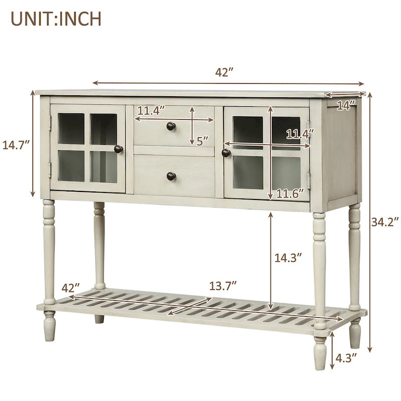 Table console de buffet avec étagère inférieure, meuble de rangement de salon en bois/verre style ferme
