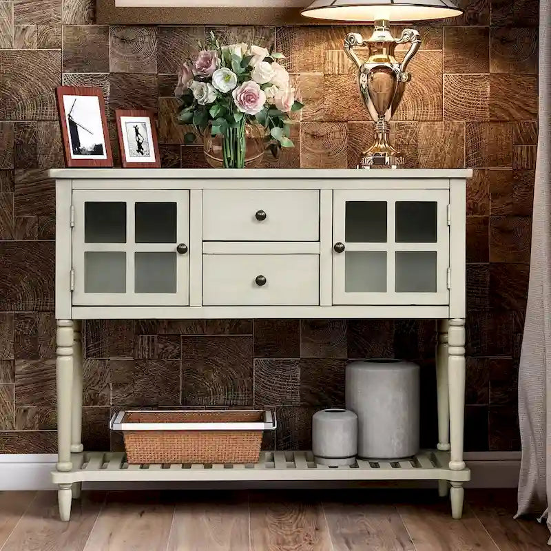 Table console de buffet avec étagère inférieure, meuble de rangement de salon en bois/verre style ferme