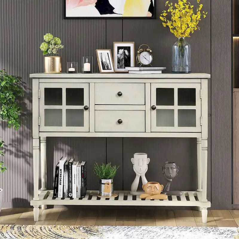 Table console de buffet avec étagère inférieure, meuble de rangement de salon en bois/verre style ferme