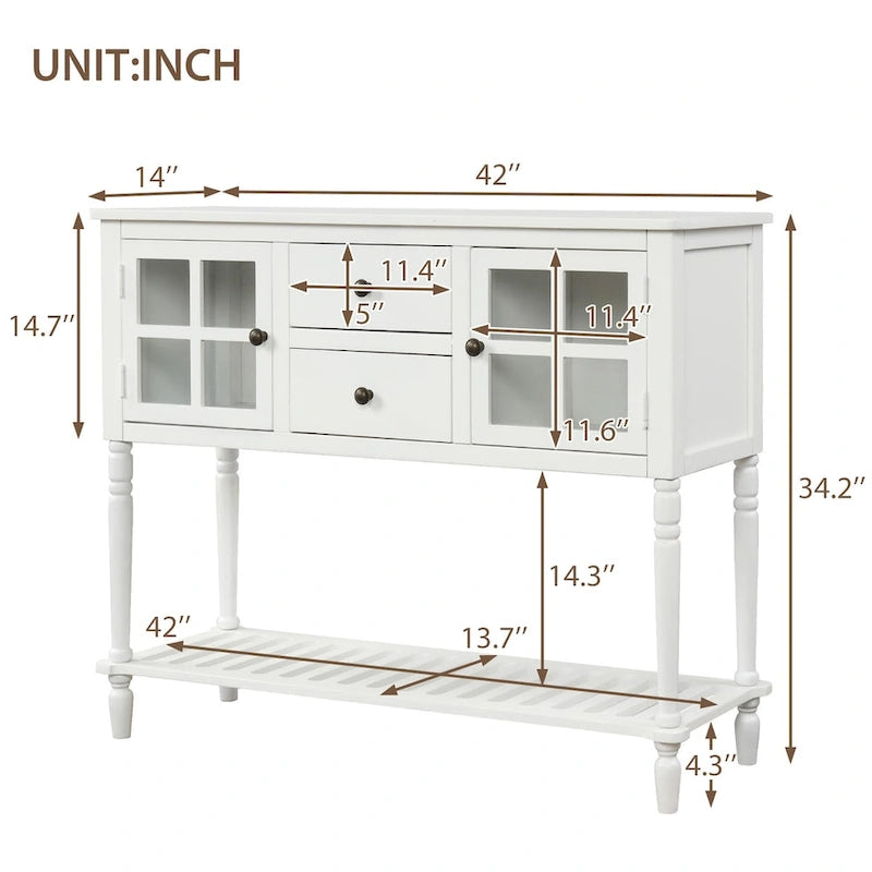 Table console de buffet avec étagère inférieure, meuble de rangement de salon en bois/verre style ferme