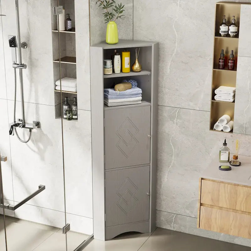 Meuble d'angle de salle de bain avec portes et étagères réglables