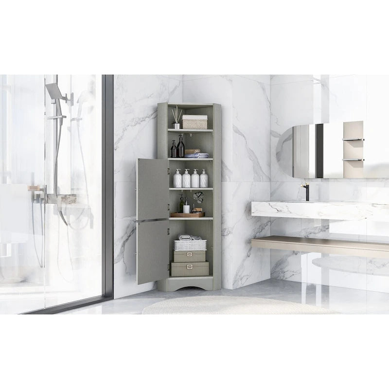 Meuble d'angle de salle de bain avec portes et étagères réglables