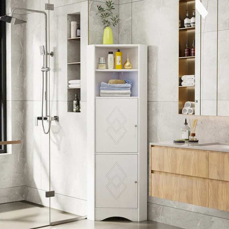Meuble d'angle de salle de bain avec portes et étagères réglables
