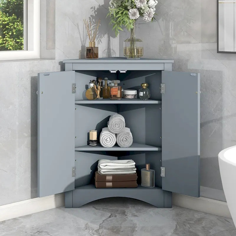 Meuble de rangement d'angle pour salle de bain avec étagères réglables, Armoire de sol autoportante