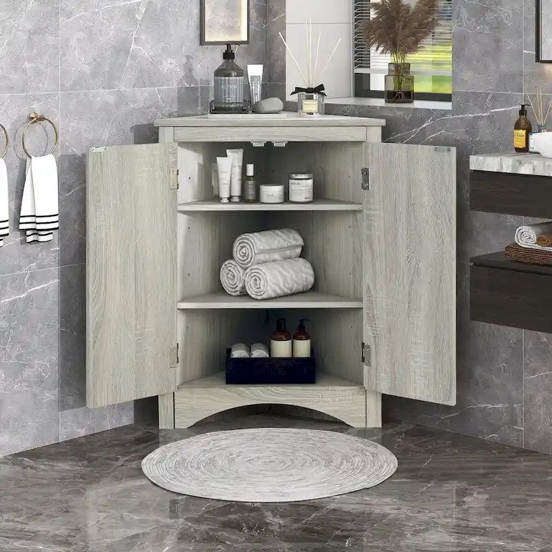 Meuble de rangement d'angle pour salle de bain avec étagères réglables, Armoire de sol autoportante