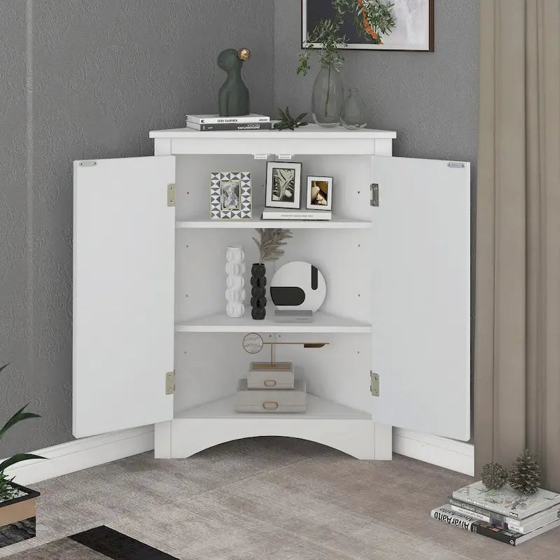 Meuble de rangement d'angle pour salle de bain avec étagères réglables, Armoire de sol autoportante