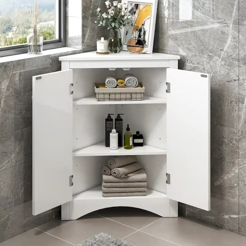 Meuble de rangement d'angle pour salle de bain avec étagères réglables, Armoire de sol autoportante