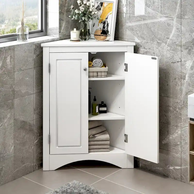 Meuble de rangement d'angle pour salle de bain avec étagères réglables, Armoire de sol autoportante