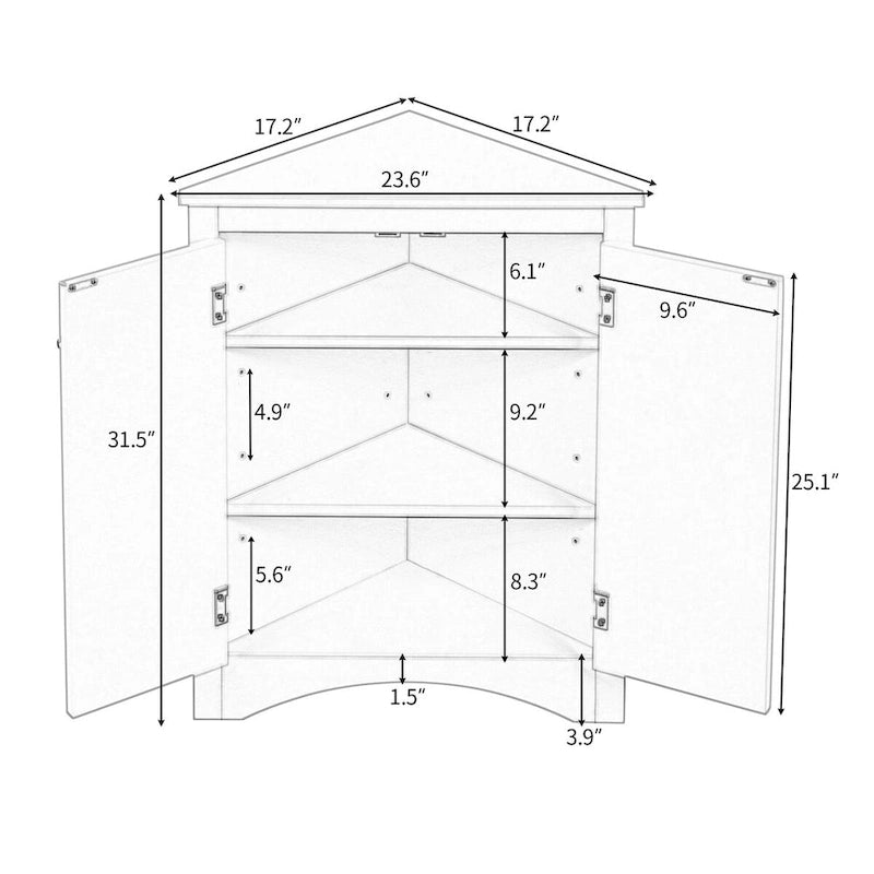 Meuble de rangement d'angle pour salle de bain avec étagères réglables, Armoire de sol autoportante