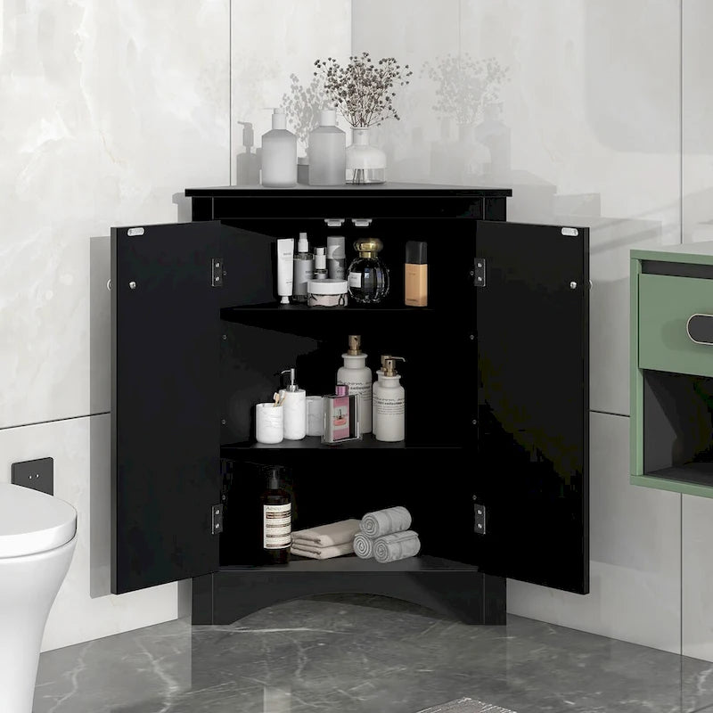 Meuble de rangement d'angle pour salle de bain avec étagères réglables, Armoire de sol autoportante