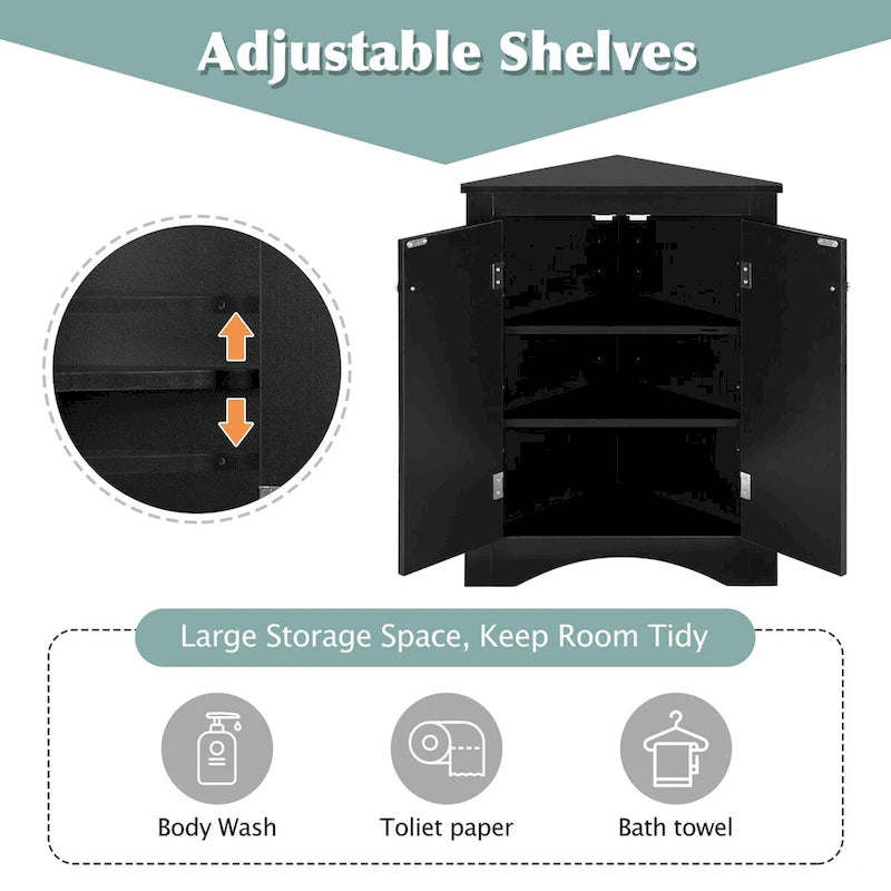 Meuble de rangement d'angle pour salle de bain avec étagères réglables, Armoire de sol autoportante