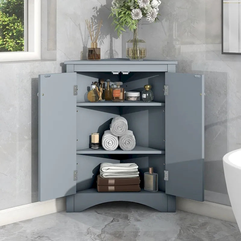 Meuble de rangement d'angle pour salle de bain avec étagères réglables, Armoire de sol autoportante