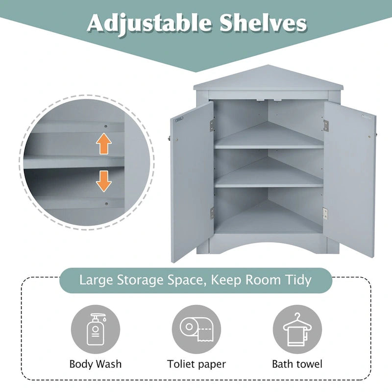 Meuble de rangement d'angle pour salle de bain avec étagères réglables, Armoire de sol autoportante