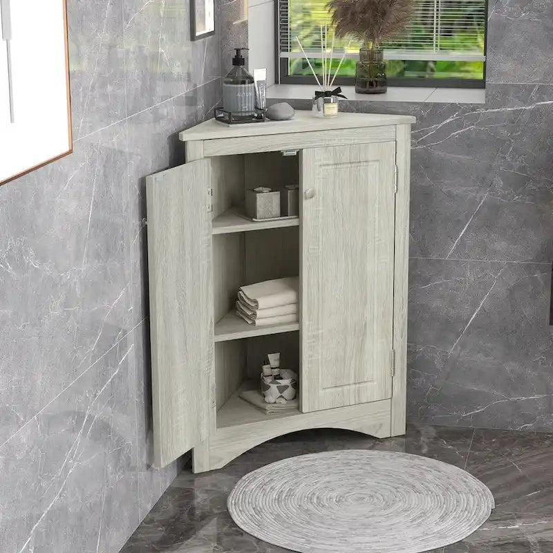 Meuble de rangement d'angle pour salle de bain avec étagères réglables, Armoire de sol autoportante