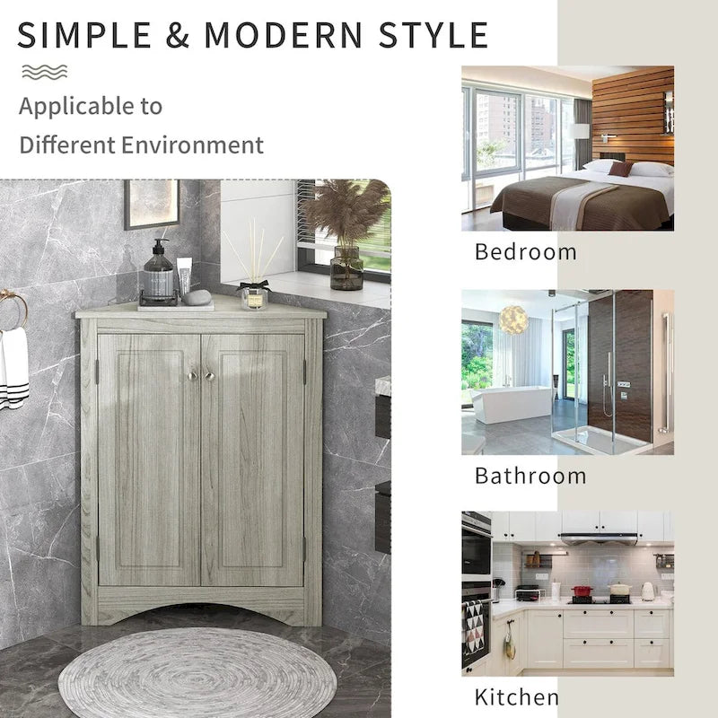 Meuble de rangement d'angle pour salle de bain avec étagères réglables, Armoire de sol autoportante