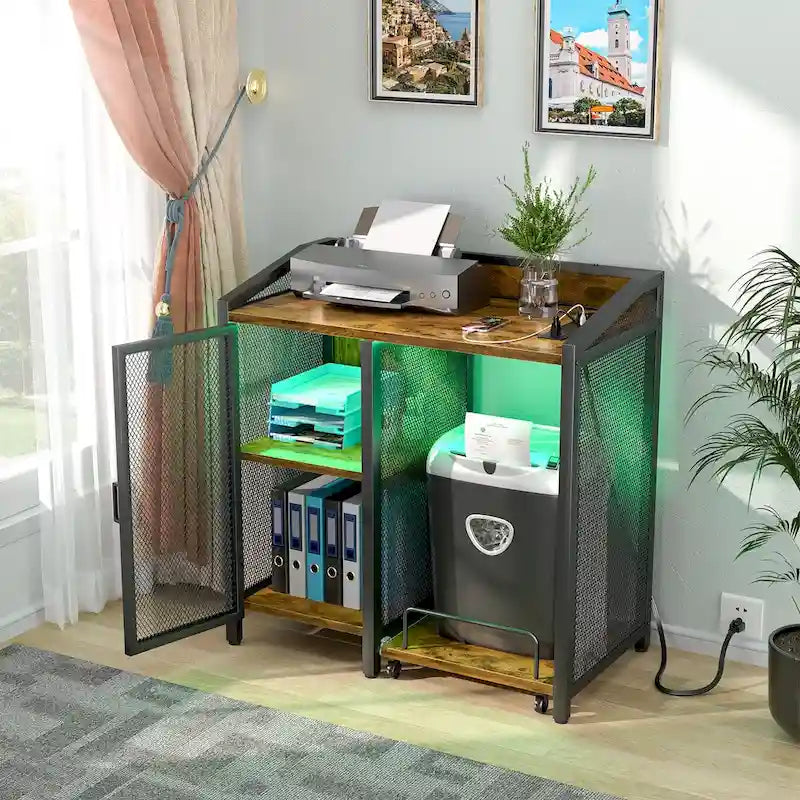 Classeur avec station de recharge, meuble de rangement avec support pour destructeur de papier sur roulettes