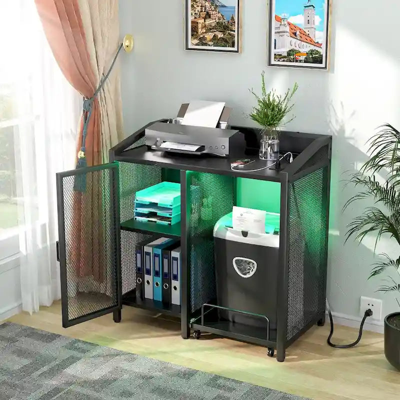 Classeur avec station de recharge, meuble de rangement avec support pour destructeur de papier sur roulettes