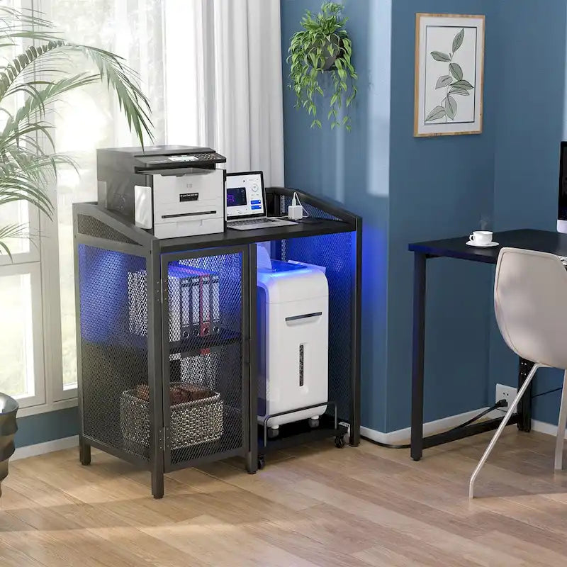Classeur avec station de recharge, meuble de rangement avec support pour destructeur de papier sur roulettes