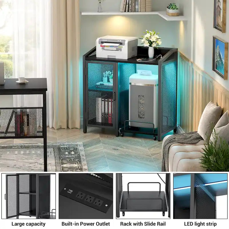 Classeur avec station de recharge, meuble de rangement avec support pour destructeur de papier sur roulettes