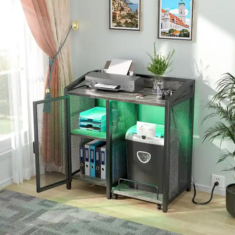 Classeur avec station de recharge, meuble de rangement avec support pour destructeur de papier sur roulettes