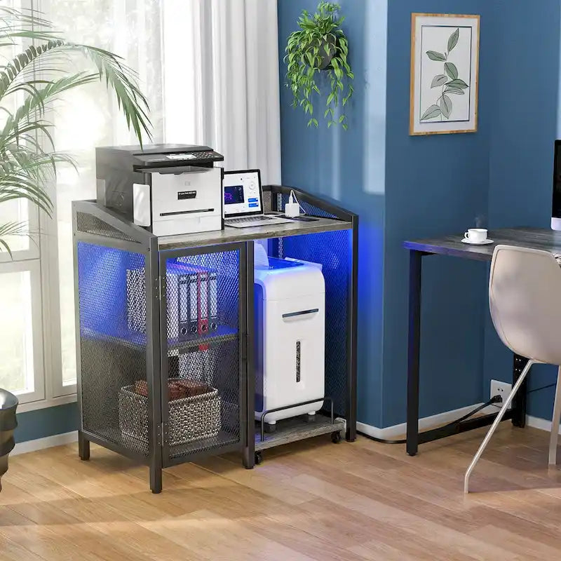 Classeur avec station de recharge, meuble de rangement avec support pour destructeur de papier sur roulettes