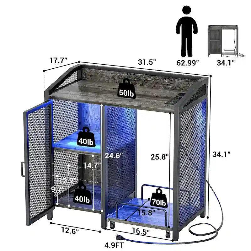 Classeur avec station de recharge, meuble de rangement avec support pour destructeur de papier sur roulettes